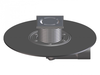 Wpust stropowy DN50/75, nastawny mimośrodowo z kołnierzem bitumicznym d 420 mm, zasyfonowaniem, ramą nasadową 123 x 123mm i kratką ściekową ze stali s